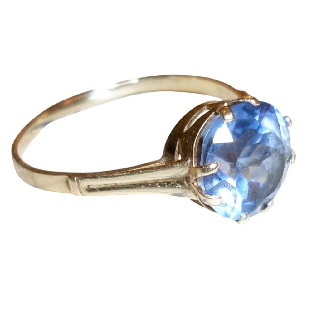 Vtg 14K Yellow Gold Blue Topaz Solitaire Ring sz 9.5 2.27g Signed JDP 585 Crown